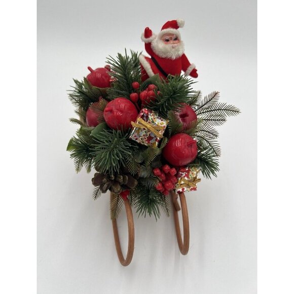 Vintage BoHo Kitsch Floral Christmas Holiday Arrangement in Wicker Sleigh - Picture 1 of 7
